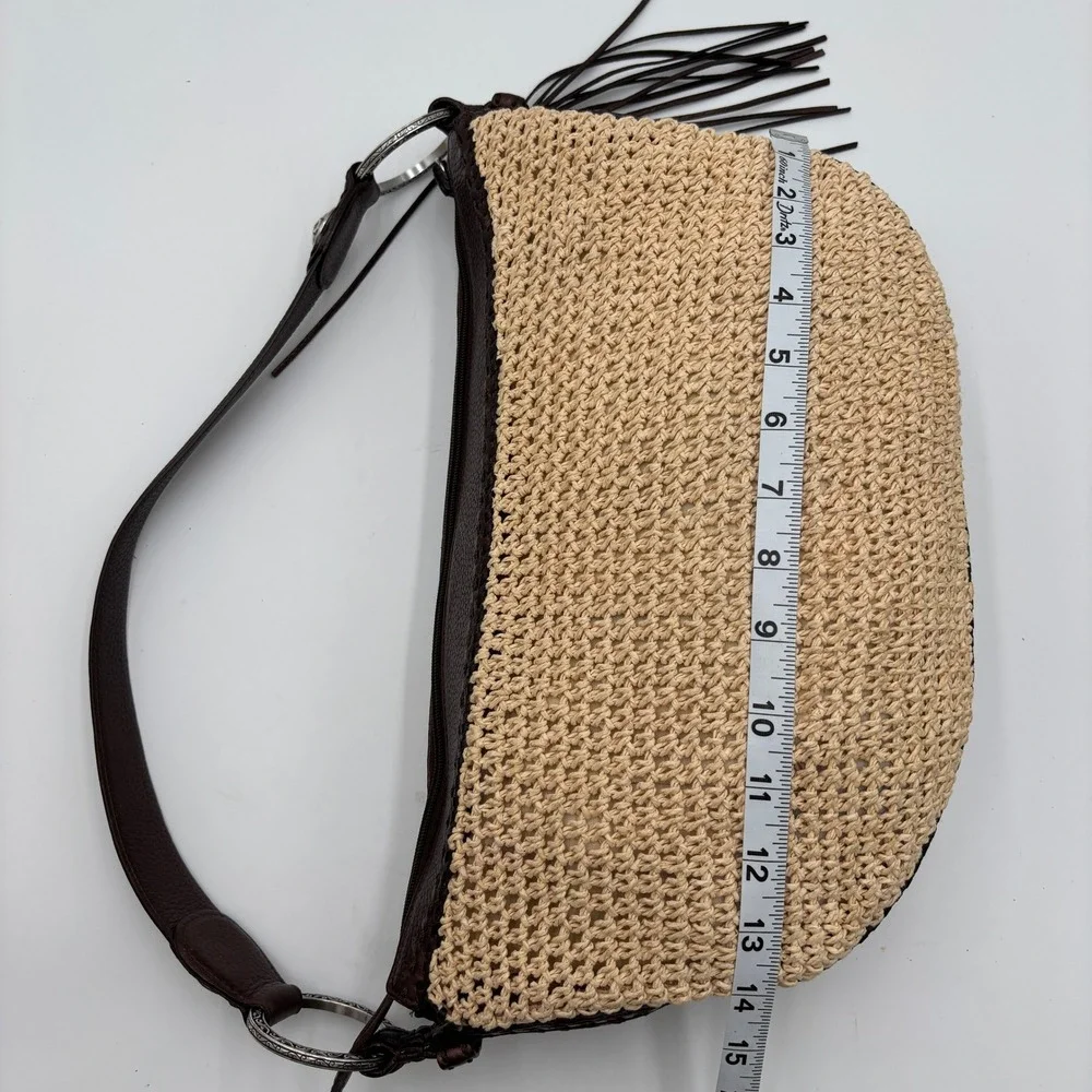 Brighton Woven Straw Leather Shoulder Bag Brown‎ Fringe Trim Boho Hobo